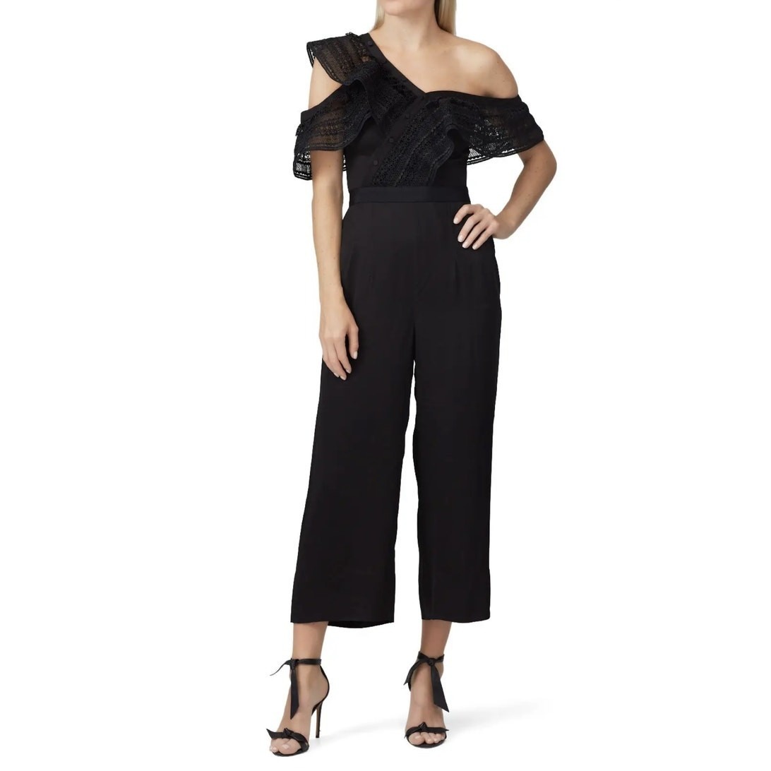 Self-Portrait Solid Black Frilled One Shoulder Jumpsuit Size 2